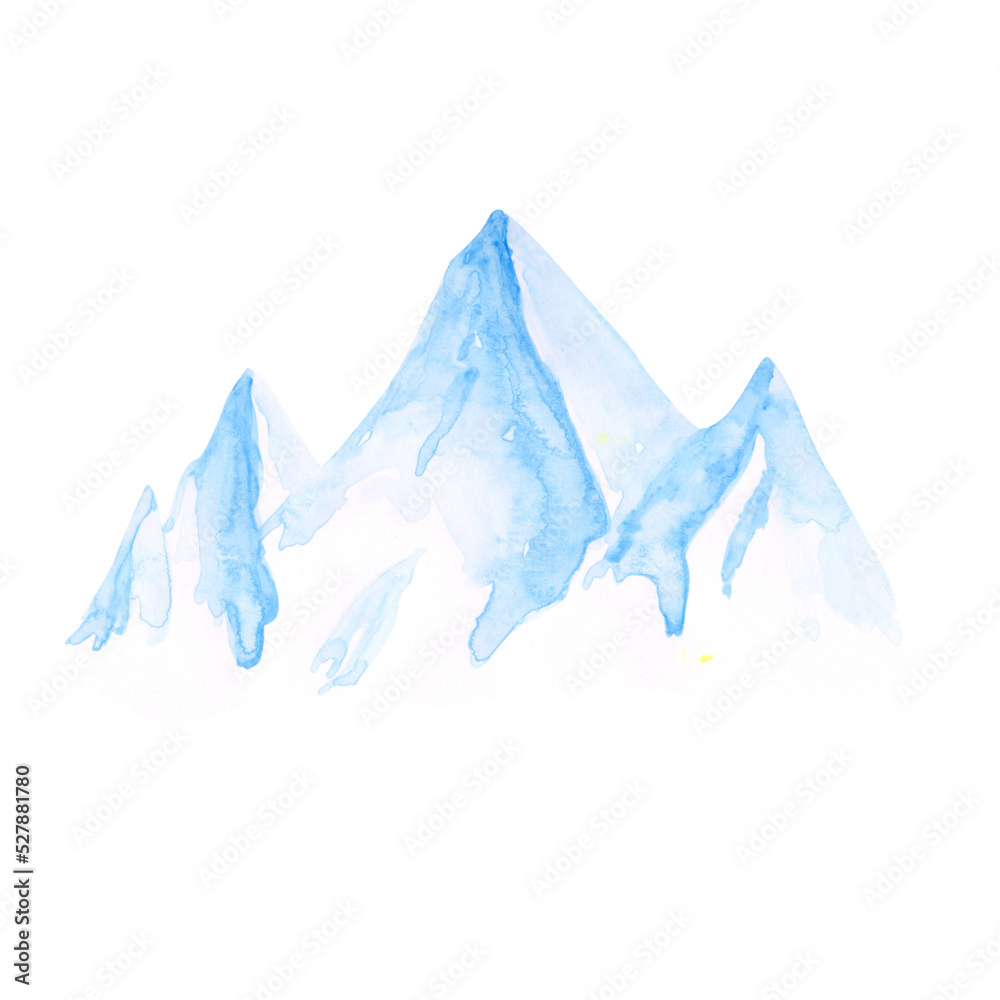 Fototapeta premium Mountains isolated on a transparent background. Watercolor glacier illustration. Blue landscape scene clipart. Hand-drawn peaks. Cute peaceful mountain. Winter triangle shape rock.