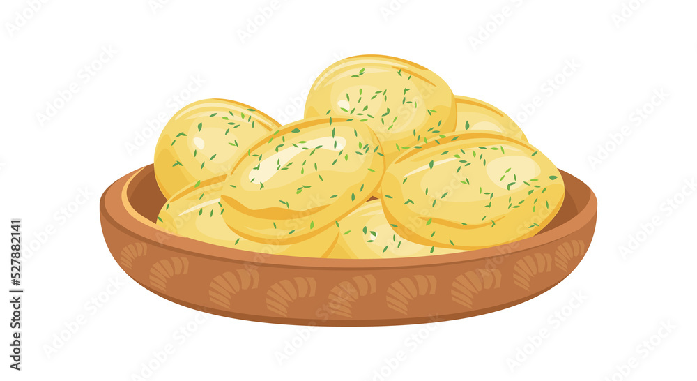 Boiled potatoes on plate. Bowl potato, vegan dishes, cooked products, set vector illustration Boiled potatoes on plate. Bowl potato, vegan dishes, cooked products, set vector illustration