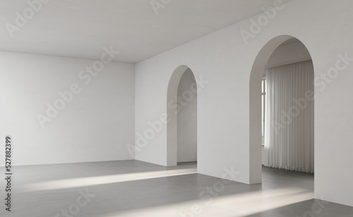 Fototapeta Naklejka Na Ścianę i Meble -  3D render empty white room with entrance arch door, design and concrete floor, interior background and 3d render, light and shadow on the floor	