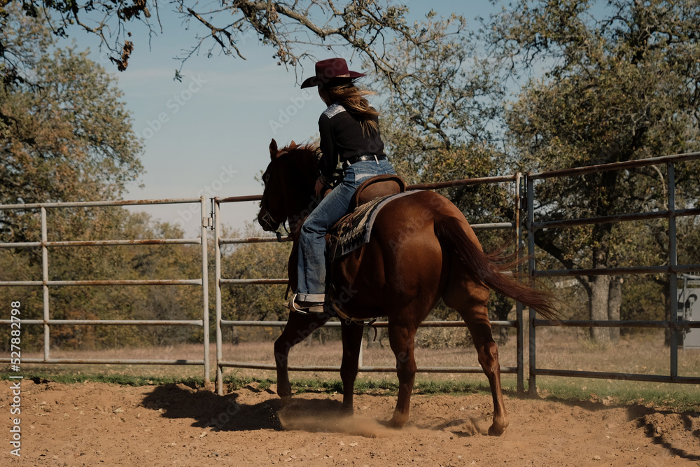 Φωτογραφία Cowgirl horseback riding for horse training in round pen outdoors, western lifestyle