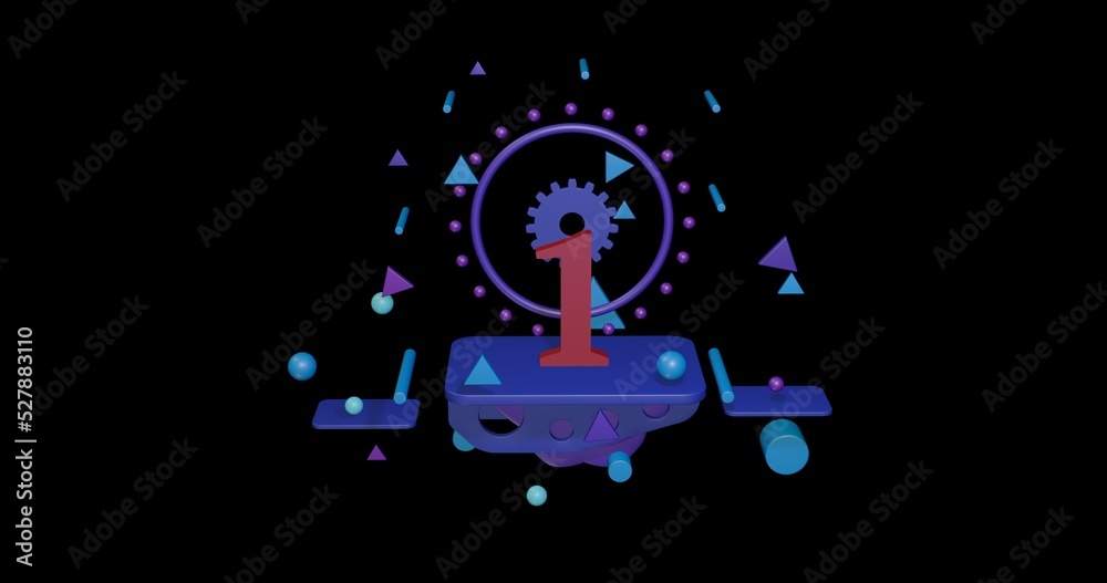 Red number one symbol on a pedestal of abstract geometric shapes floating in the air. Abstract concept art with flying shapes in the center. 3d illustration on black background Red number one symbol on a pedestal of abstract geometric shapes floating in the air. Abstract concept art with flying shapes in the center. 3d illustration on black background
