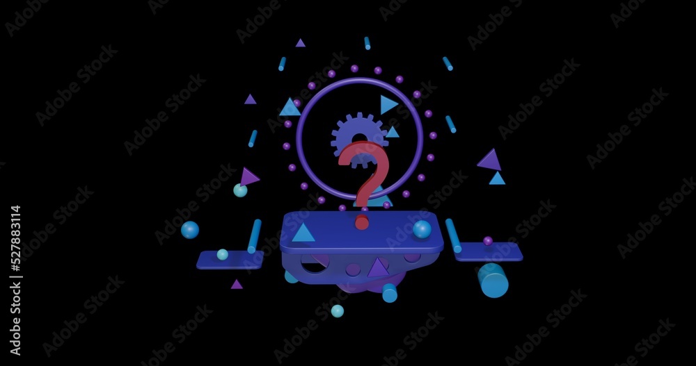 Red question symbol on a pedestal of abstract geometric shapes floating in the air. Abstract concept art with flying shapes in the center. 3d illustration on black background