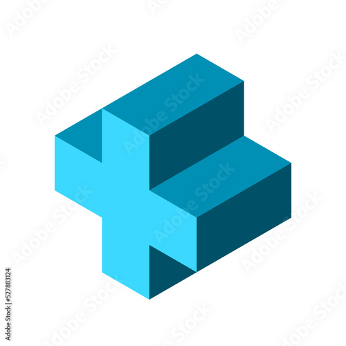 Blue 3D cross made of cubes. Isometric plus sign. Mathematical symbol. Algebra addition operation. Christianity religion metaphor. Geometry shape. Logo template. Vector illustration, clip art.  