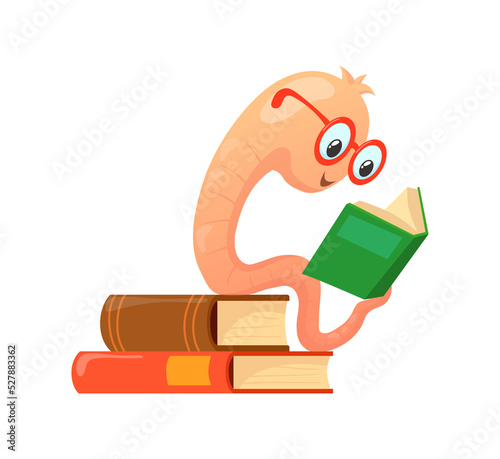 Worm read book. Funny bookworm character grub in stack information, cartoon vector photo