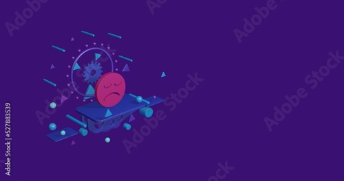 Pink depression symbol on a pedestal of abstract geometric shapes floating in the air. Abstract concept art with flying shapes on the left. 3d illustration on deep purple background