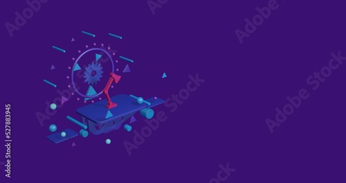 Pink table lamp symbol on a pedestal of abstract geometric shapes floating in the air. Abstract concept art with flying shapes on the left. 3d illustration on deep purple background © Alexey