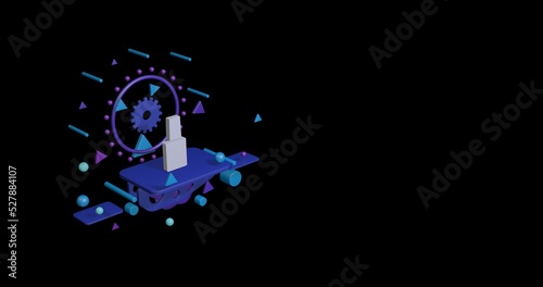 White nail polish symbol on a pedestal of abstract geometric shapes floating in the air. Abstract concept art with flying shapes on the left. 3d illustration on black background