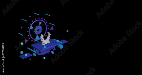 White yoga hammock symbol on a pedestal of abstract geometric shapes floating in the air. Abstract concept art with flying shapes on the left. 3d illustration on black background