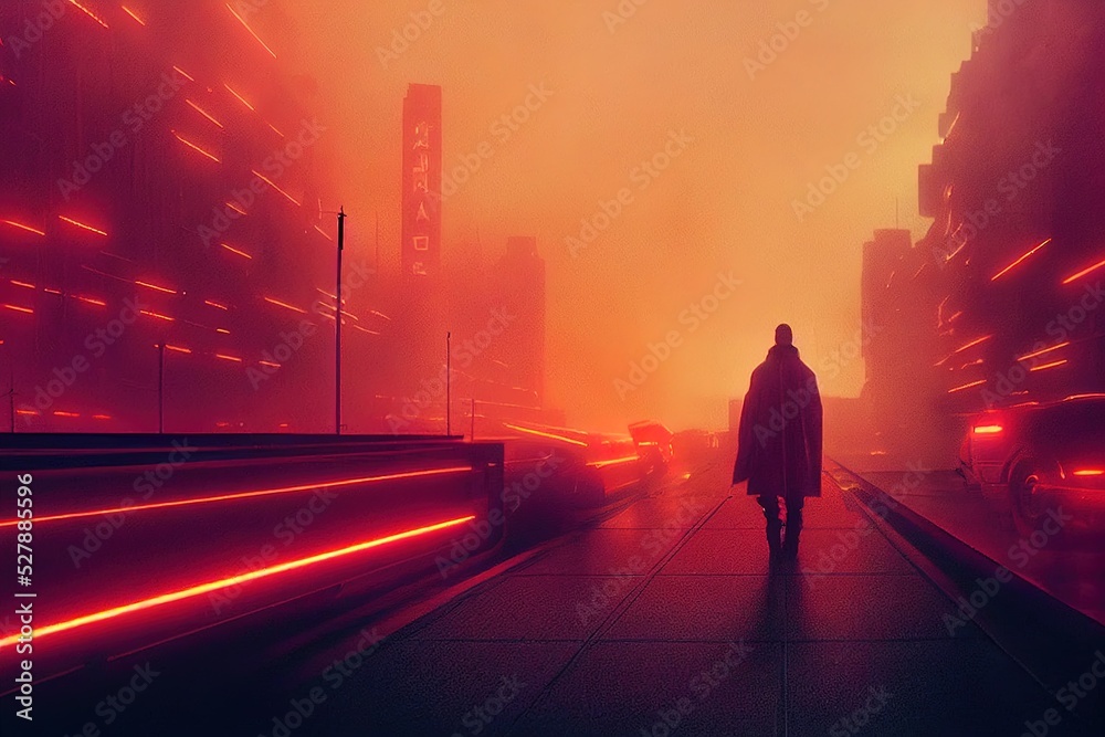 Futuristic, neo noir, cyberpunk man walking in a rainy city. Neon lights, dark, sombre cyber-punk video game concept. 3D render at night, character walking in cyberspace. Futuristic scifi digital art.