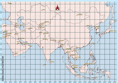 Asia Map Geographic Coordinates latitude and longitude  German language