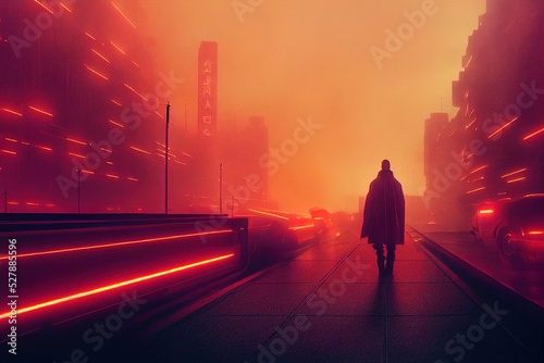Futuristic, neo noir, cyberpunk man walking in a rainy city. Neon lights, dark, sombre cyber-punk video game concept. 3D render at night, character walking in cyberspace. Futuristic scifi digital art.