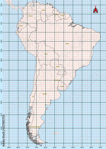 South America Map with its countries and regions Geographic Coordinates latitude and longitude German language