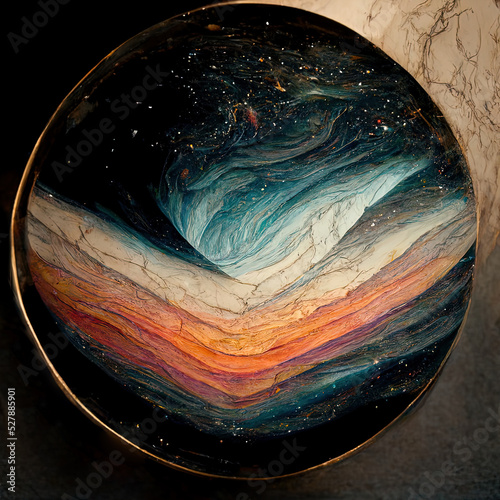 Beautiful colorful marble cylinder ringed in gold on marble floor