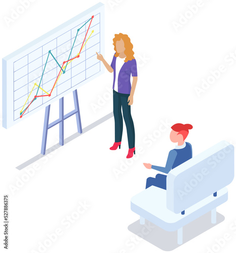 Analytics and development statistics. Web analysis measure, product testing technology. Woman analyses digital report. Statistical indicators and data on diagram. Graphic information visualization