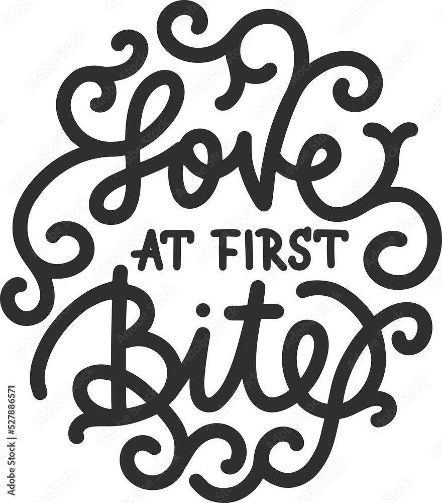 Love at first bite, modern ink brush calligraphy in circle. Handwritten PNG lettering with curls. Love at first bite, modern ink brush calligraphy in circle. Handwritten PNG lettering with curls.
