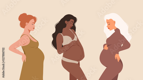 Set of pregnant women in a flat contemporary style, pregnancy illustration, health care, happy motherhood