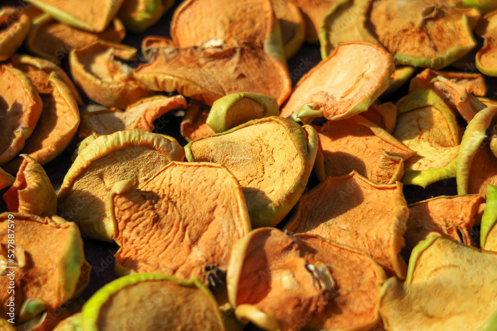 dried apple fruits production concept. drying apple slices dried apple fruits production concept. drying apple slices