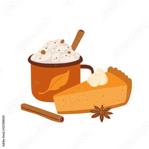 Vector illustration of pumpkin pie with whipped cream and spicy coffee, cinnamon sticks and anise. Hand drawn autumn hot drink and dessert