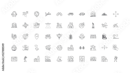 World travel ideas, linear icons, line signs set, vector collection
