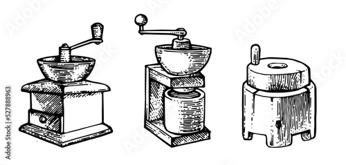 Set of Manual mill for production of flour and ground coffee. Obsolete old retro technology. Grind into powder. Hand drawn outline sketch. Isolated on white background. Vector.