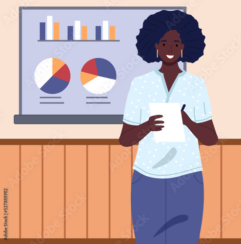 Workplace of african woman working from office. Employee using laptop computer for project creation. Brainstorming lady at workspace vector illustration. Dark-skinned girl during work with technology