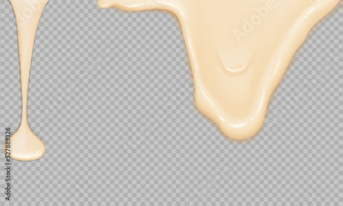 Flowing realistic liquid mayonnaise on transparent background.Spreading cheese, cream, milk, cream or yogurt.