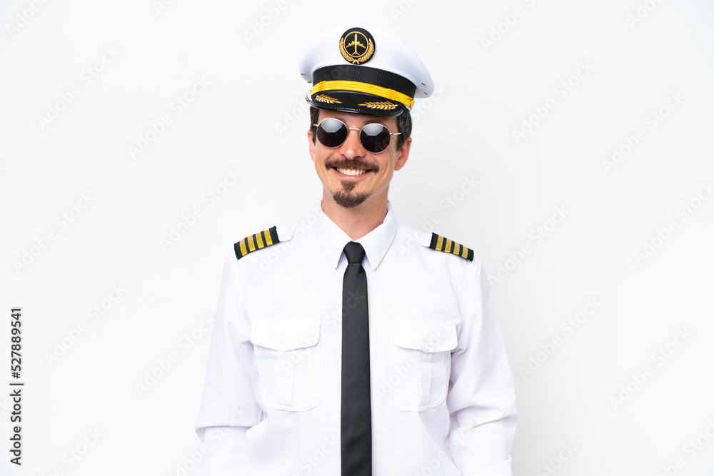 Airplane caucasian pilot isolated on white background with glasses and happy Airplane caucasian pilot isolated on white background with glasses and happy