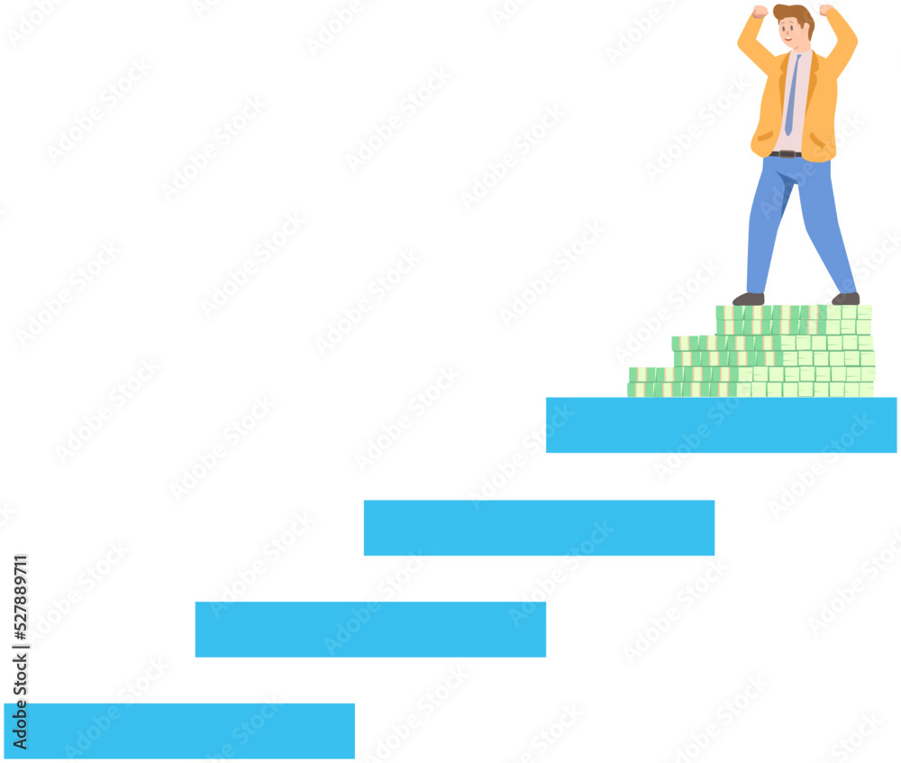 Personal development, businessman moving towards profit, effective income with dollar coins. Strategy management, capital, leadership. Happy man walking stairs up to success, achievement with money