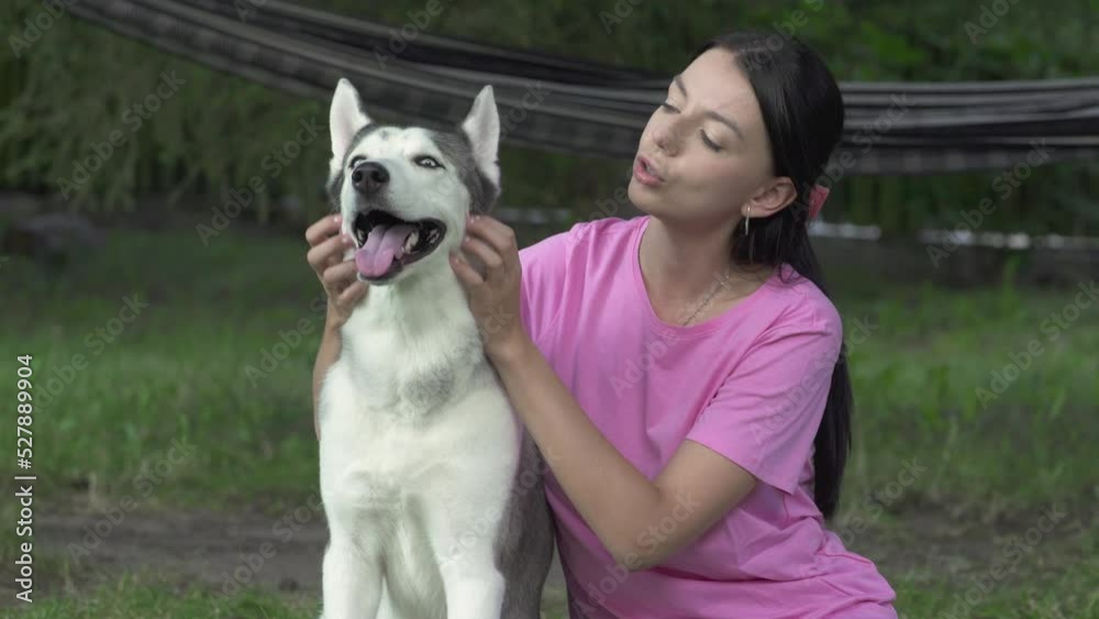 Young woman playing and having fun with her husky dog. Love and friendship with dog, domestic animals. Young woman playing and having fun with her husky dog. Love and friendship with dog, domestic animals.