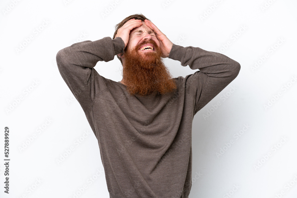Redhead man with beard isolated on white background laughing