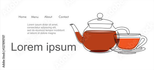 Continuous one single line drawing of teapot with tea and cup.  Illustration with quote template. One line vector illustration. Order a banner for one line drawing.