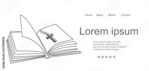 Continuous single one line drawing of open book and cross. Illustration with quote template. One line vector illustration. Order a banner for one line drawing.