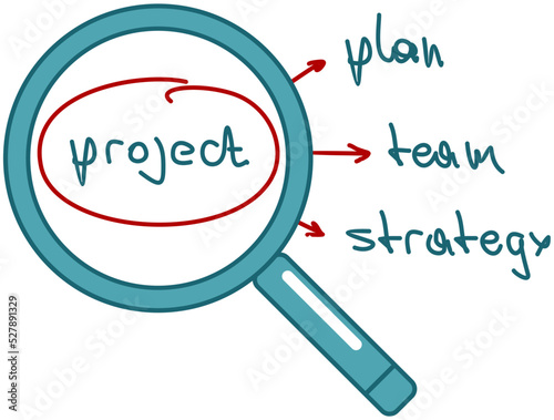 Project task management and effective planning icon with magnifyier. Project development strategy. Work organizing, daily plan. Project manager responsibility, business, productivity online platform