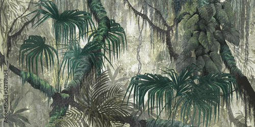 Fototapeta namalowana tropikalna dżungla z dużymi liśćmi