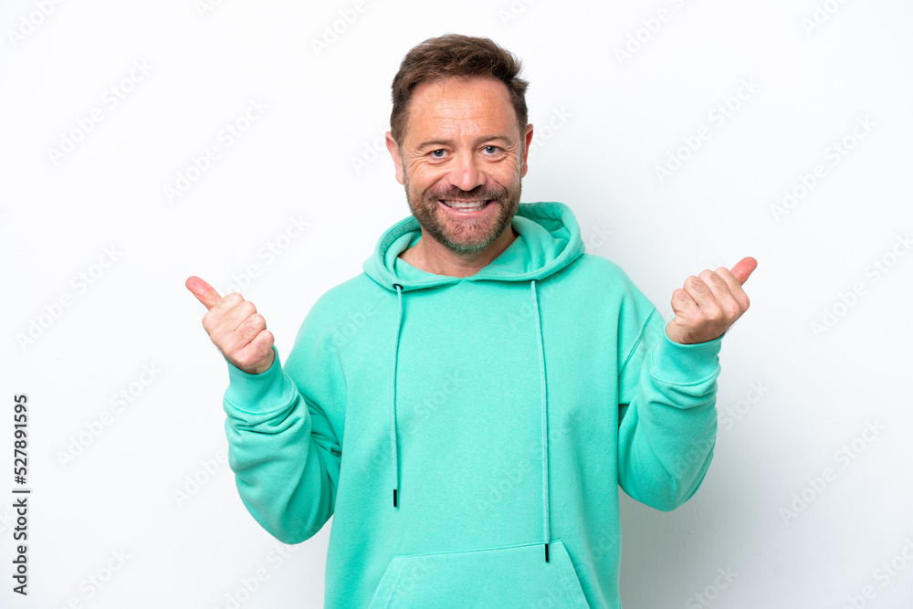 Middle age caucasian man isolated on white background with thumbs up gesture and smiling Middle age caucasian man isolated on white background with thumbs up gesture and smiling