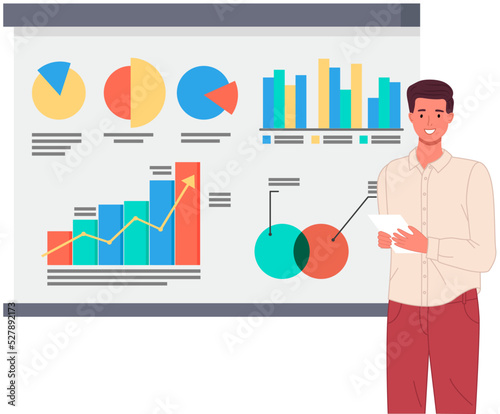Analytics information and development statistics. Web analysis measure, product testing technology. Man analyses dashboard seo optimization, digital report. Statistical indicators and data on diagram