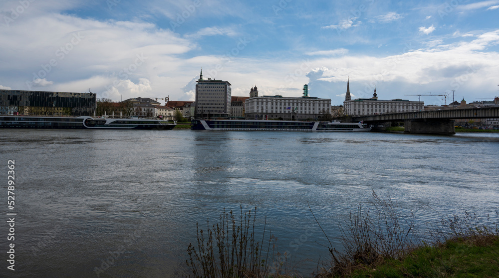 Panorama of the city behind the river with boats. Panorama of the city behind the river with boats.