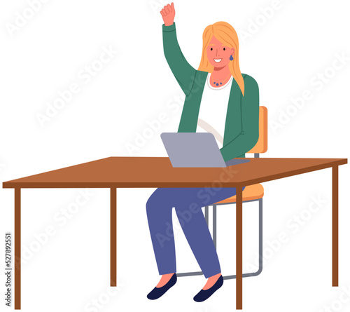 Workplace of young woman working from office. Employee using laptop computer for project creation. Brainstorming lady at workspace raises her hand. Female character during work with technology