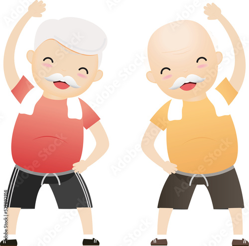Fototapeta Naklejka Na Ścianę i Meble -  Elderly people exercising. Active healthy workout aged people. Old man making morning exercises.