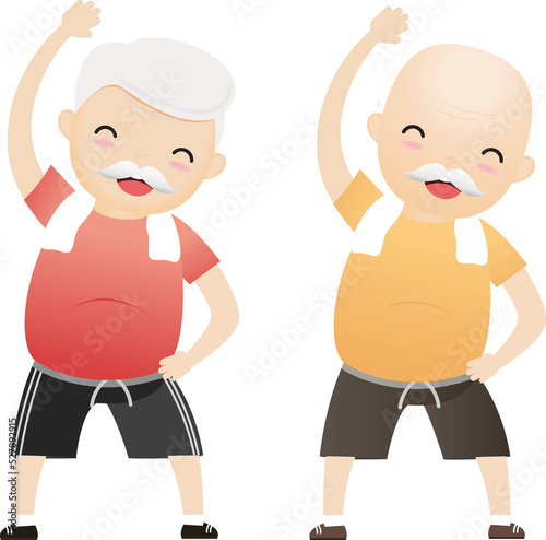 Fototapeta Naklejka Na Ścianę i Meble -  Elderly people exercising. Active healthy workout aged people. Old man making morning exercises.
