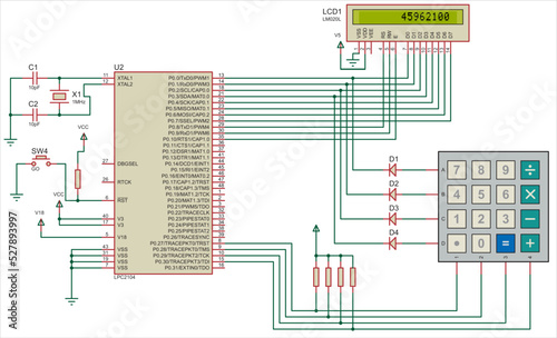 The design four function floating point calculator using an ARM7 CPU, alphanumeric LCD display, keypad Electrical circuit of a information output digital device, operating under the control of an ARM photo