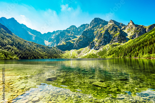Tatra National Park in Poland. Famous mountains lake Morskie oko or sea eye lake In High Tatras. Five lakes valley