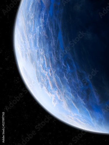 Close-up of a blue planet. View of the Earth's surface: atmosphere, clouds and oceans. Space landscape.