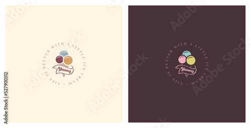 Ice cream Vector Illustration, round composition. Template for logo, menu, uniform, cover, poster, signboard, post card, banner, social media
