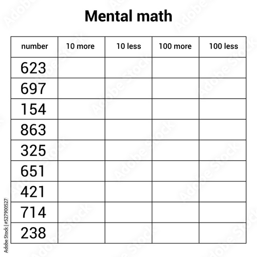 mental math worksheet on white background