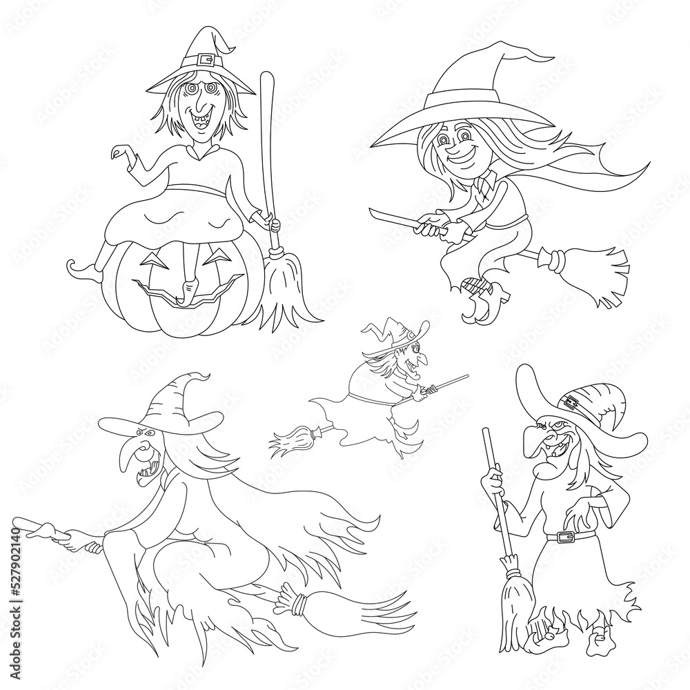 Fototapeta premium Halloween Flying Witch Line Art Illustration For Coloring Page