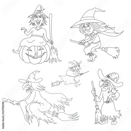 Halloween Flying Witch Line Art Illustration For Coloring Page © Rana Mostafiz