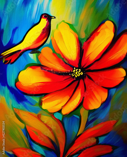 Colorful oil and acrylic modern painting of bird and spring flower. Huge vibrant brush strokes on canvas. Wall art print for canvas, poster, creative design artwork © Avgustus