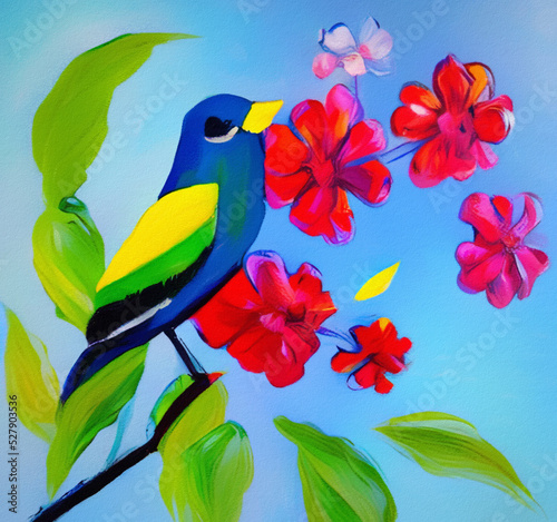 Colorful oil and acrylic modern painting of bird and spring flower. Huge vibrant brush strokes on canvas. Wall art print for canvas  poster  creative design artwork