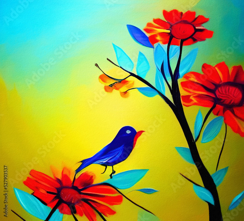 Colorful oil and acrylic modern painting of bird and spring flower. Huge vibrant brush strokes on canvas. Wall art print for canvas  poster  creative design artwork